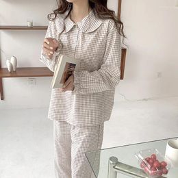 Women's Sleepwear Pyjama Mujer Plaid Print Set Long Sleeve Top Pants Ruffle Homewear Skin-Friendly Breathable Woman Home Nightwear
