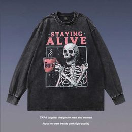 TKPA American hip-hop spoof skull print long sleeved T-shirt for men and women lazy style distressed bottom top