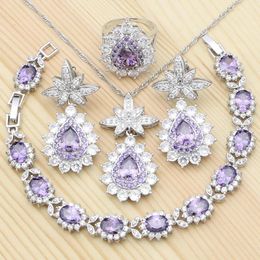 Bracelets Pineapple Shape Sier Jewellery Sets Purple Cubic Zirconia Ring Bracelet Pendant Necklace Earrings for Women Party Accessory