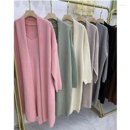 Casual Dresses Women Autumn 2024 Solid Color Knit Two Piece Long Cardigan Sexy V Neck Slim Knitted Sweater Dress Overcoat Set Office Lady