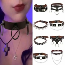 Choker Gothic Chain Necklace Brown Leather Party Punk Collar Goth For Women Kawaii Pub Cosplay Jewelry