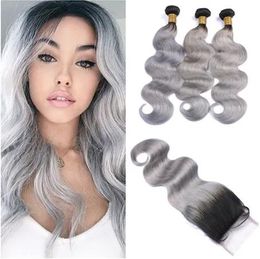Wefts 1B Grey Ombre Peruvian Human Hair Bundle Deals with Closure Dark Rooted Ombre Silver Grey 4x4 Lace Top Closure with Virgin Hair We