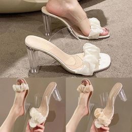 Sandals Fashion Summer Women's Transparent Pleated Strap Casual High Heel Chunky
