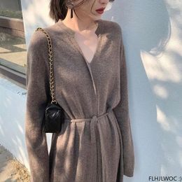 Casual Dresses Lace-Up Long Maxi Pullover Stylish Chic Fashion Women Knitted Sweater Dress Winter Warm Wear