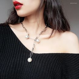 Pendant Necklaces 2024 Fashion Link Chain Big Simulated Pearl Necklace Retro Alloy Adjustable Length Choker For Women