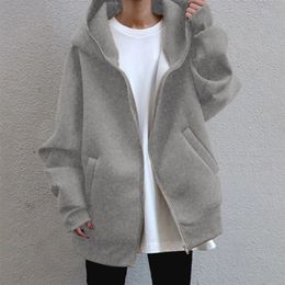 Women Korean Style Hoodies Zipup Harajuku Oversized Solid Pocket Hooded Sweatshirts Autumn Long Sleeve Loose Baseball Jacket 240102