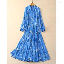 Casual Dresses 2024 Arrivals Women Clothes Turn Down Collar Long Sleeve Buttons Placket Draped A Line -Length Floral Print Blue Dress