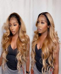 T27 Human Hair Lace Front Wigs Ombre Colour Honey Blonde Brazilian Wigs Body Wave Human Hair Wig For Women2685516