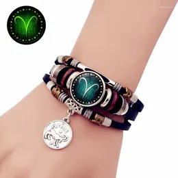 Charm Bracelets Starry Sky Zodiac Luminous Leather Bracelet Multi-layered Beaded Men's Snap Closure Women Friendship