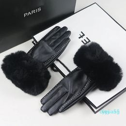 designer Fashion Rabbit Fur PU Leather Gloves Women Touch Screen Full Finger Mittens Ladies Black Warm Driving Glove