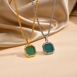 Pendant Necklaces Square Green Nature Stone Neckalce Stainless Steel Jewellery For Women Men 24" Chain