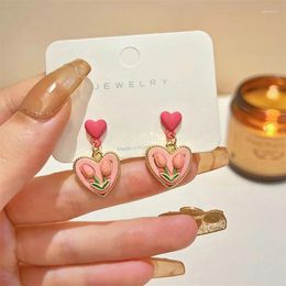 Stud Earrings Fashion Cute Pink Tulip Flower Studs Heart Drop Earring Women Lady Birthday Christmas Gifts