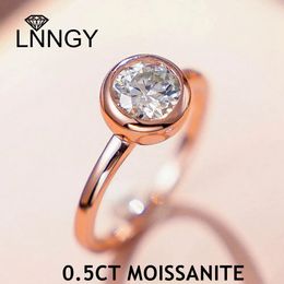 Lnngy 0.5CT Bezel Ring With Certificate 925 Sterling Silver Solitaire Engagement Rings for Women Wedding Jewelry Gift 240102
