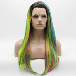 Wigs Iwona Hair Straight Long Multi Colour Ombre Wig 2#114 Half Hand Tied Heat Resistant Synthetic Lace Front Wigs