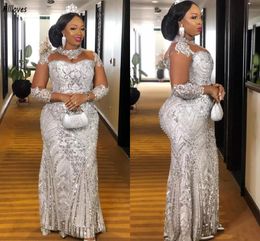 Silver Stunning Sequins Beaded Evening Dresses Arabic Aso Ebi High Collar Long Sleeves Women Formal Prom Gowns Floor Length Plus Size Second Reception Dress CL3145