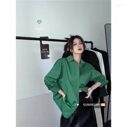 Women's Blouses VANOVICH Korean Style Retro POLO Collar Long-sleeved Shirt Female 2024 Autumn Loose Slim Casual Green Single-breasted