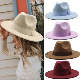 Fedora Hat Women Winter Hats For Ribbon Band Mens Wide Brim Classic Beige Wedding Church Bowler Formal Cap 240102