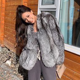 Real Natural Silver Fox Fur Coat Highend Quality Genuine Women Winter Luxury Female Jacket Long Sleeve 240102