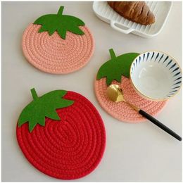 Table Mats Cute Cartoon Strawberry Fruit Cotton Rope Woven Coasters