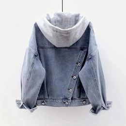 Blue Deconstructable Hooded Turndown Collar Denim Jacket Women Loose Button Patchwork Outwear Jean Coat Female 240102