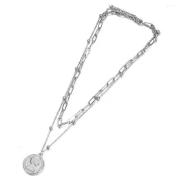Pendant Necklaces Stainless Steel Beauty Head Coin Necklace For Woman Girls Multi Layer Choker Collar Double Square Paperclip Link Chain