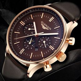 relogio masculino GUANQIN Mens Watches Top Brand Luxury Chronograph Military Quartz Watch Men Sport Leather Strap Wrist Watch247Q