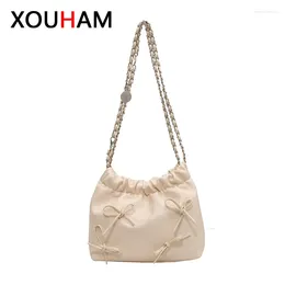 Evening Bags XOUHAM Cute Small Bow Tie Design Crossbody For Women British Style Silver Bucket Handbag Leather Bag Party Purses