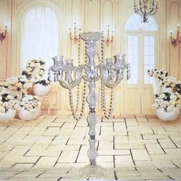 Holders New arrival 90cm height Acrylic 5arms metal candelabras with crystal pendants wedding candle holder centerpiece 1 lot=5 pieces