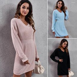 Casual Dresses V-neck Shoulder Long Sleeved Waistband Woolen Dress For Women's Knitted Autumn And Winter Styles