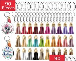 Keychains 90Pcs Acrylic Transparent Circle Discs Keychain Blank Colorf Tassel Keyrings With Chain Jump Rings For Diy Proje Bdejewe8070902