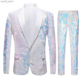 Men's Suits Blazers European Size (Blazer + Trousers) Men's Suit Fashion White Velvet Sequin Italian Style Wedding Groom Dress 2 Piece Set Q230103