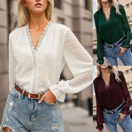 Women's Blouses Elegant Mesh Sheer Shirts Women Lace V-Neck Ruffled Cardigan Puff Sleeve Solid Colour Jacquard Breathable Tops