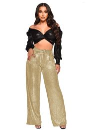 Women's Pants Women Sexy Metallic Sparkly Wide Leg High Waist Trousers Bling Glitter Shiny Clubwear Cocktail Party Loose Long Pant