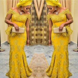 Party Dresses Vintage Gold Yellow Aso Ebi Prom Lace Mermaid Off The Shoulder Plus Size Evening Dress African Women Wedding Gowns