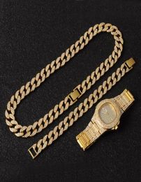 Gold Hip Hop Miami Necklace Curb Cuban Chain Iced Out Paved Rhinestones CZ Bling Rapper Gold Necklaces watch Bracelet Jewellery For 7502178