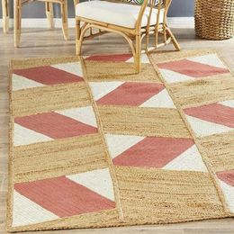 Carpets For Living Room Home Area Rug Woven Pure Natural Jute Decorative White Orange Pattern Handmade Patio