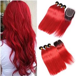 Wefts T1B Red Dark Root Ombre Peruvian Human Hair Weaves 3 Bundles with Closure Straight Ombre Red Bundle Deals with Lace Front Closure