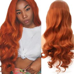 Wigs Top Quality Body Wave 24 inches Orange Colour Wig Glueless Synthetic Lace Front Wig With Baby Hair Heat Resistant Hair Fashion Wome