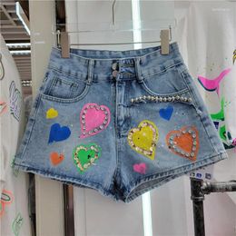 Women's Jeans Women Colours Crystal Diamond Denim Shorts Korean Elastic Pleated Waist Drawstring Wide Leg Short Pants 2024 Summer