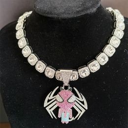 Necklace Hip Hop Anime Superhero Jewellery Iced Out Crystal Spider Pendant Necklace for Men Women with 13mm Width Cuban Chain Choker