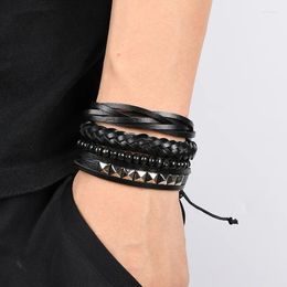 Charm Bracelets Trendy Pyramid Punk Style Leather Bracelet For Men Studs Woven Cowhide Accessories Jewelry Multi-layer