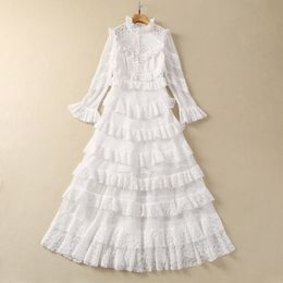 European and American women's clothes 2024 spring new Stand collar Flared sleeve long sleeve white lace Fashion pleated dress