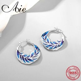 Huggie 2021 Fashion round shape s925 Sterling Silver like leaf sea blue Enamel fine Hoop Earrings Party Jewelry