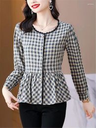 Women's Blouses Lace Collar Plaid Shirt For Women Round Neck Long Sleeve Tunic Top Cover Belly Button Shirts Loose Cardigan