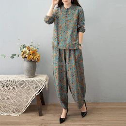 Ethnic Clothing 2024 Cotton And Linen Chinese Casual Suit Set Women Long-sleeved Fashion National Style Loose Haren Bloomers Two-piece S781