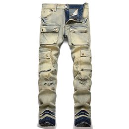 Light Luxury Men's Street Fashion Cargo Jeans Slim-fit Multi-pockets High Quality Blue Denim Pants Trendy Punk Casual Jeans ; 240103