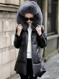 Women's Leather 2024 Genuine Sheepskin Jacket 90% White Duck Down Jackets Fur Collar Hooded Coat Feamle Chaque