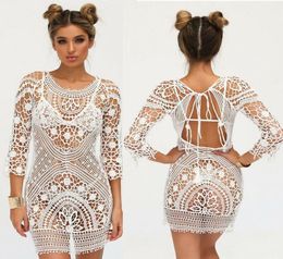 Summer Swimwear Cover Up Women White Lace Tunic Beach Dress Backless Bathing Suit Crochet Bikini Swimming Wear Sarongs3291474