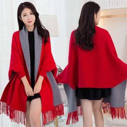 Women Winter Poncho with Sleeve Shawls and Wraps Pashmina Red Thicken Scarf Stoles Femme Hiver Warm Reversible Ponchos Capes 211223366377