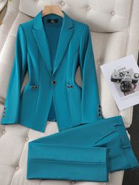 Ladies Blazer And Pant Suit Formal Green Purple Blue Black Solid Women Jacket Trouser Female Business Work Wear 2 Piece Set 240102